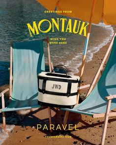 two chairs and an umbrella sitting on the beach next to the ocean with text reading montauk wish you were here