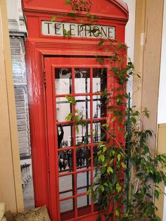 a red phone booth sitting next to a potted plant