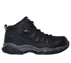 Shift into comfort and safety you can depend on in Skechers Work : Holdredge - Thorem Carbon Toe. This slip-resistant boot features a lace-up leather and synthetic upper with a cushioned Skechers Air-Cooled Memory Foam comfort insole, and a carbon nano safety toe with an internal metatarsal guard. | Skechers Men's Work: Holdredge - Thorem Carbon Toe Boots | Medium Width | Composite nonmetallic safety toe front meets ASTM F2413 impact and compression standards | Electrical Hazard (EH) safe design Insole Design, Boot Design, Lace Up Wedges, Wide Shoes, Toe Boots, Wide Boots, Skechers Women, 4 Inch Heels, Mens Shoes Boots