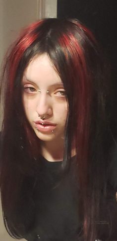 red streaks gothic girl dead girl metalhead girl Dark Red Alt Hair, Goth Black And Red Hair, Cute Hair Colors For Dark Hair, Alt Red And Black Hair, Hair Dye Red Ideas, Dark Red Hair Dye Ideas, Black Hair With Dyed Bangs, Brown And Dyed Hair, Metal Hairstyles For Women