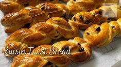 bread rolls with raisins in the middle are arranged on a white tablecloth