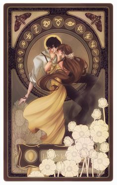 a painting of two people kissing in front of flowers and an ornate frame with the words,