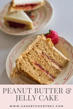 two slices of peanut butter and jelly cake on plates with strawberries in the background