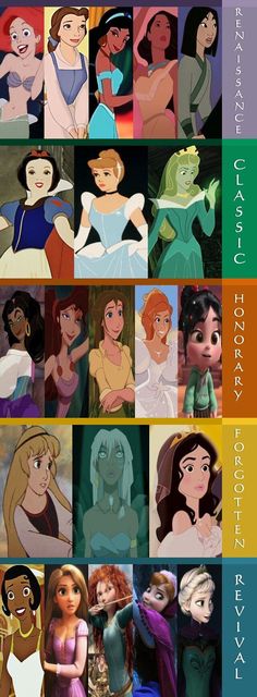 many different disney princesses are shown in the same color and size as they appear to be