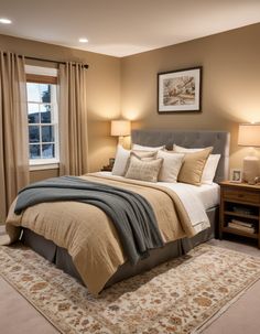 a bedroom with a large bed and two lamps on either side of the bed in front of a window