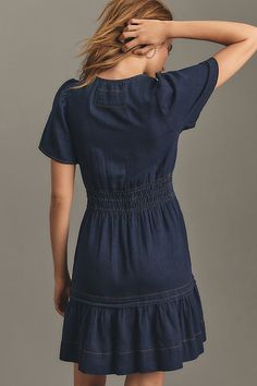 Inspired by our bestselling dress ever , the Somerset Mini Dress follows in the fan-fave’s footsteps with a flowing A-line silhouette, flattering smocked waist, and everyday-elegant tiers. | The Somerset Mini Dress: Denim Edition by The Somerset Collection by Anthropologie in Blue, Women's, Size: XS, Cotton Casual Dresses Plus Size, Lacy Tops, Dress Denim, Cotton Pullover, 50 Fashion, Flutter Sleeves, Summer Season, Somerset, Leisure Wear