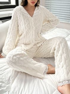 Women's Thick Floral Jacquard Turtleneck Frill Trimmed Sleepwear Set, Autumn Winter Beige Casual-Woman  Long Sleeve Flannelette Plain Pant Sets Slight Stretch All,Fall/Winter Women Sleep & Lounge, size features are:Bust: ,Length: ,Sleeve Length: Lounge Wear Set, Plain Pants, Cardigan Beige, Winter Pajamas, Pant Sets, Beige Cardigan, Sleepwear Sets, Loungewear Set, Long Sleeve Pyjamas