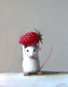 a painting of a mouse with a red hat on top of it's head