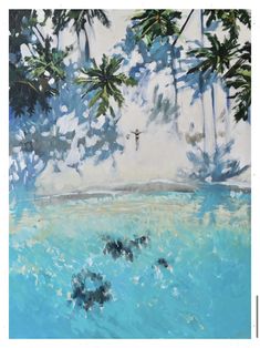 an oil painting of palm trees and blue water