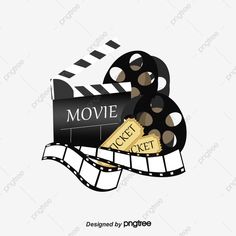 a movie clapper, film reel and ticket on a white background with the words movie written