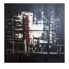 an abstract painting with black, white and red lines on the bottom half of it