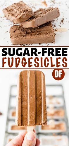 chocolate fudgesices on a stick with text overlay that reads sugar - free fudgesices