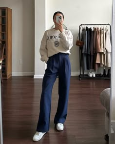 life with jazz, work outfit, casual, business casual, at home workwear, sweater, navy trousers, navy pants, white sneakers Navy Pants Outfit Women, Trousers And Sneakers Outfit, Work Outfit Business Casual, Work Outfit Casual, Life With Jazz, Blue Pants Outfit, Friday Outfit For Work