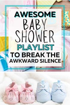 baby shower playlist with pink and blue shoes on the floor, next to cupcakes