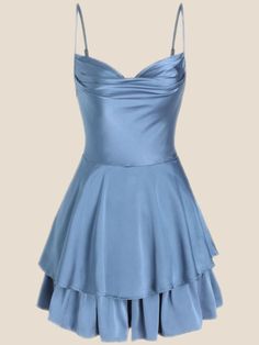 Dusty Blue Short Dress, Flowy Mini Dress Formal, Homecoming Dresses Mid Length, Short Blue Bridesmaid Dresses, Blue Semi Formal Dresses, Winter Hoco Dresses, Short Grad Dresses, Short Blue Dresses