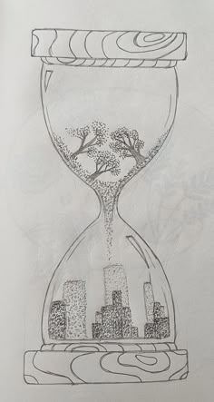 a drawing of an hourglass with trees and buildings in it