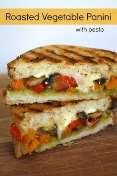 grilled vegetable panini with pesto on toasted bread, ready to be eaten