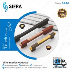 an advertisement for the sifra interior products product, featuring different types of wood and metal