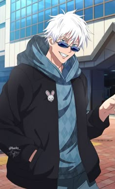 an anime character with white hair and sunglasses holding a cell phone in front of a building