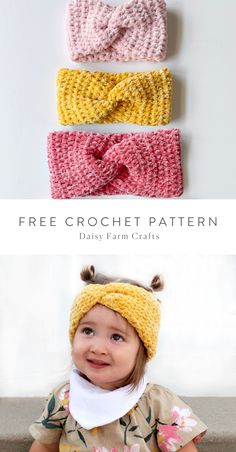 three crocheted headbands with the words free crochet pattern on them