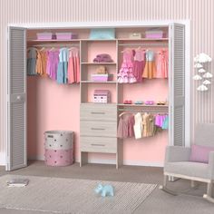 a child's bedroom with pink walls and white furniture, including an open closet