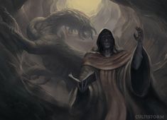 a painting of a man standing in front of two large monsters and holding his hands up