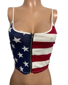 Red W & B flag zip up crop top new stretchy Patriotic tank top USA Rally Party Party In The Usa Outfit, Patriotic Outfits For Women, Zip Up Crop Top, Usa Pride, Flag Outfit, Patriotic Outfit, Stripe Outfits, Pride Outfit, Usa Outfit