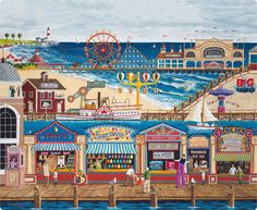 a painting of an amusement park next to the ocean