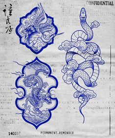 two blue ink designs on paper with chinese writing in the middle and an image of a dragon