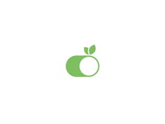 an apple with leaves on it and the letter o in green font, against a white background