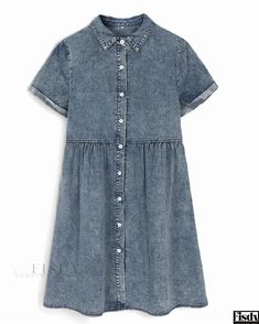 Fisdy - Elegante vestido vaquero de manga corta hecho a mano para mujer Short Sleeve Denim Dress, Cowgirl Dresses, Womens Denim, Denim Chic, Dress Crafts, Crewneck Dress, Skirt Skirt, Basic Dress, Denim Shorts Women