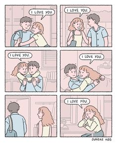 a comic strip with the words i love you written on it and two people hugging each other