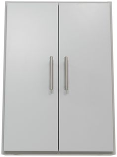 a white cabinet with two doors and handles