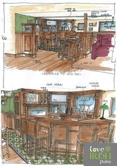 two drawings of a kitchen and living room with furniture in the same section, each drawing has been drawn by hand