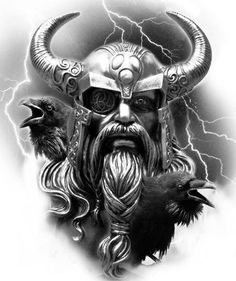 a black and white drawing of a viking with two crows in front of him on a lightning background