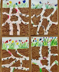 four pieces of paper cut out to look like giraffes in the grass