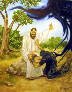 an image of jesus in the wilderness with his hands out to another man who is kneeling down