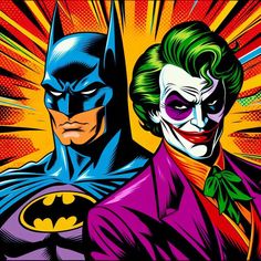 batman and joker in the style of pop art, with bright colors on their faces