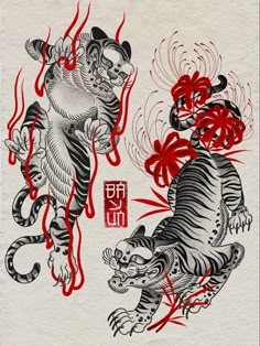 two tigers with red ink on white paper