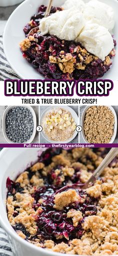 blueberry crisp pin with overlay text Best Blueberry Crisp, Frozen Blueberry Recipes, Blueberry Crisp Recipe, Pear Crisp, Cheesecake Oreo, Blueberry Crisp, Blueberry Topping, Fruit Crisp