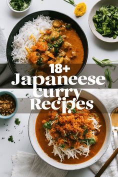 japanese curry recipe in a bowl with rice and other dishes around it on a white table