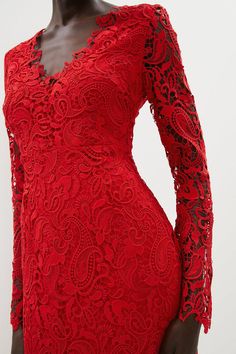 Style: Pencil DressFabric: LaceLength: MidiNeckline: V NeckSleeve Length: Long Sleeve Fitted Long Sleeve Midi Dress With Paisley Print, Red Long Sleeve Embroidered Fitted Dress, Elegant Red Lace Midi Dress, Luxury Red Long Sleeve Embroidered Dress, Luxury Red Lace Work Dress, Midi Pencil Dress, Red Paisley, Lace Long Sleeve, Long Sleeve Midi