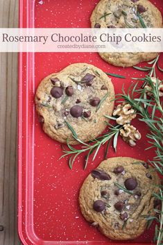 rosemary chocolate chip cookies on a red tray