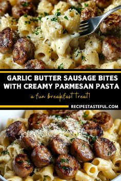 garlic butter sausage bites with creamy parmesan pasta is an easy and delicious dinner