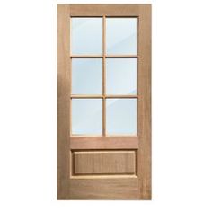 a wooden door with glass panels on the front and side panel, against a white background