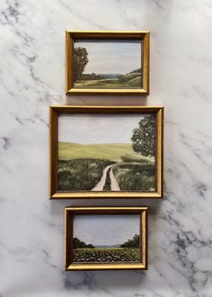 two framed paintings on a marble counter top