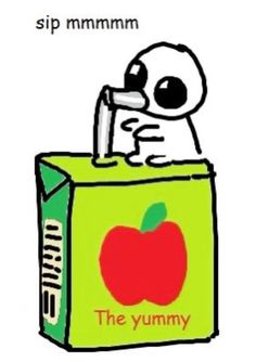 an apple in a box with the words sip mmmmmm on it's side