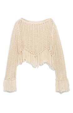 Swingy boho fringe defines the cropped silhouette of this sheer openwork sweater that shows off as much as it covers up. Bateau neck Long sleeves Semisheer 56% polyester, 44% cotton Hand wash, line dry Made in Turkey Boho Fringe, Fringe Sweater, Bateau Neck, Favorite Daughter, Maternity Shops, Designer Clothes For Men, Modern Outfits, Knitwear Cardigan, Knitted Jumper