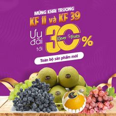 an advertisement with fruit on the table and in front of it is a purple background