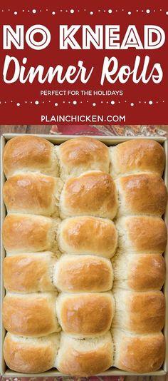 no knead dinner rolls in a pan with text overlay that reads, no knead dinner rolls perfect for the holidays